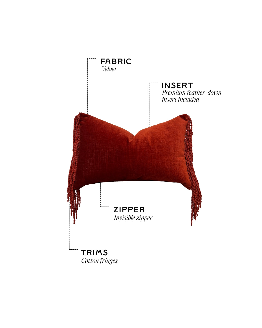 Terracotta Hogaría sierkussen met luxe fluwelen textuur en lange franjes aan de zijkanten, handgemaakt in Nederlandse ateliers. Premium decoratief kussen voor sofa of bed, duurzaam gevuld en ontworpen voor een warme, high-end interieurstijl.