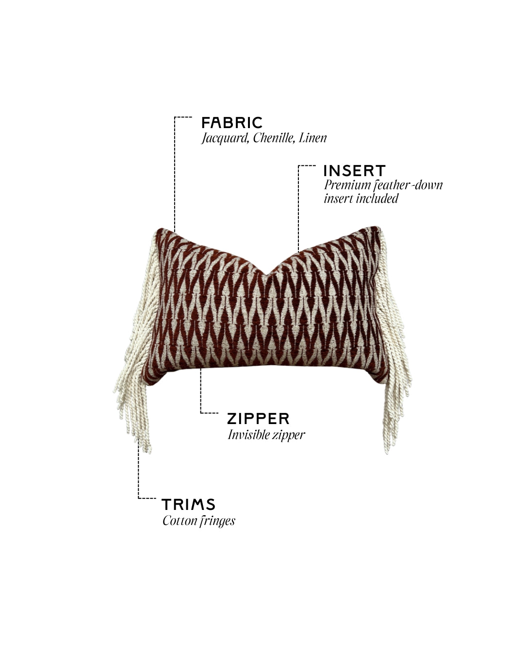 Hogaría sierkussen in terracotta en crème met grafisch geweven patroon en lange crèmekleurige franjes aan de zijkanten, luxe handgemaakt designkussen voor slaapkamer en woonkamer.