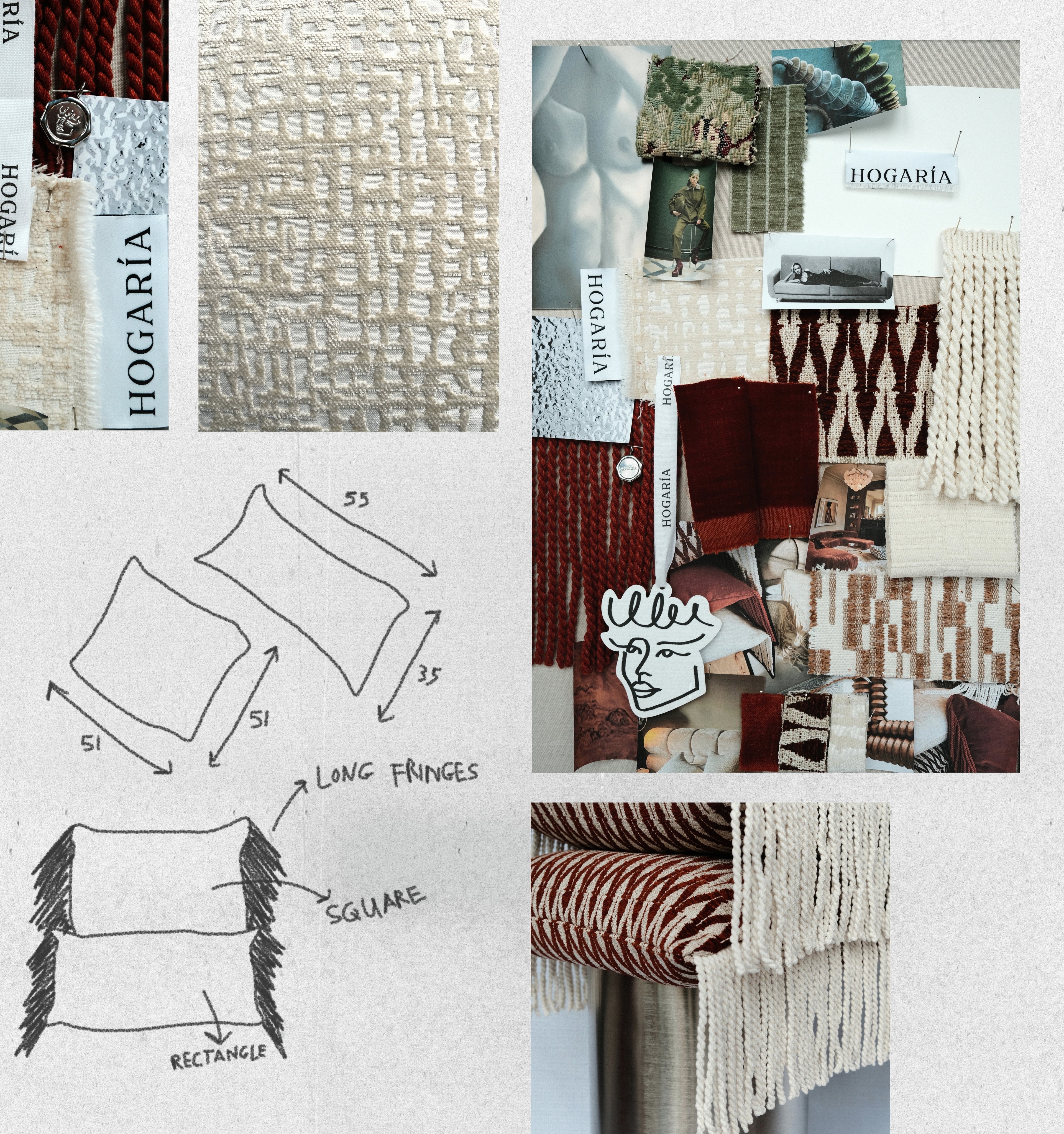 Hogaría collage met textielstalen in crème, terracotta en clay tinten, ontwerpschetsen van kussens met franjes en sfeerbeelden uit het interieur.